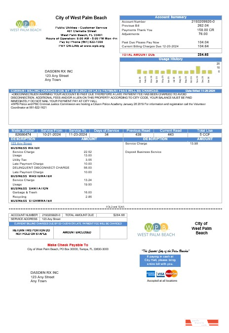 USA Florida City of West Palm Beach business utility bill template in Word and PDF formats